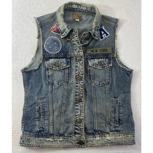American Eagle Trucker Vest Size Medium Denim Collar Sleeveless new york patches